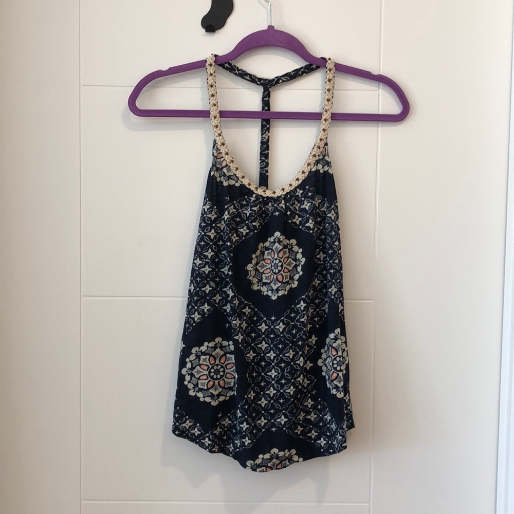Lucky Brand Navy Patterned Beaded Racerback
